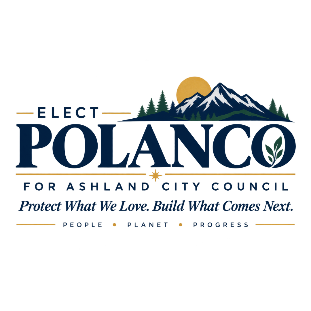 Elect Polanco for Ashland City Council campaign logo featuring mountains, evergreen trees, a rising sun, and navy, green, and gold colors.